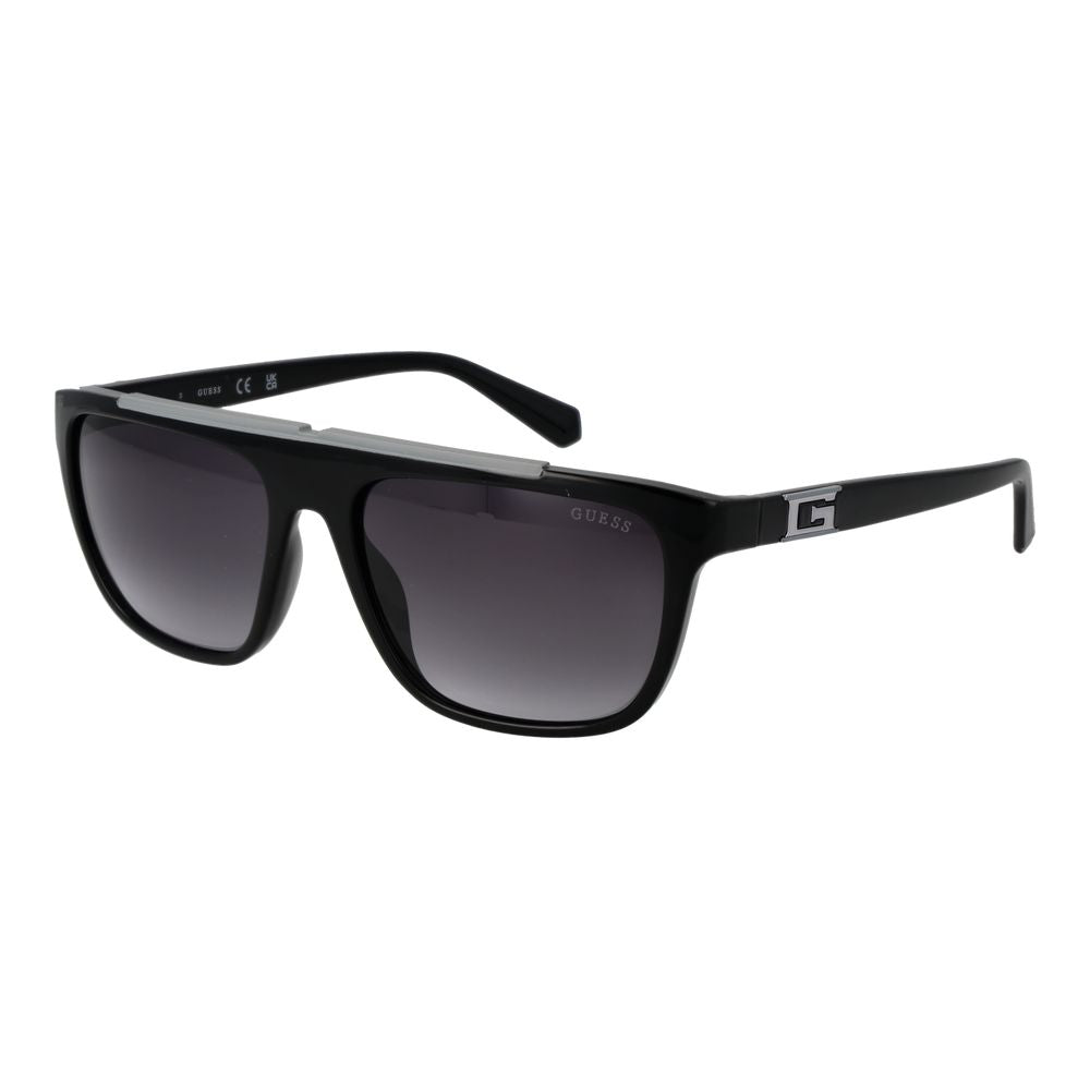 Guess Black Men Sunglass with black stainless steel frame, gradient grey lenses, and rectangle style, featuring full-rim design.