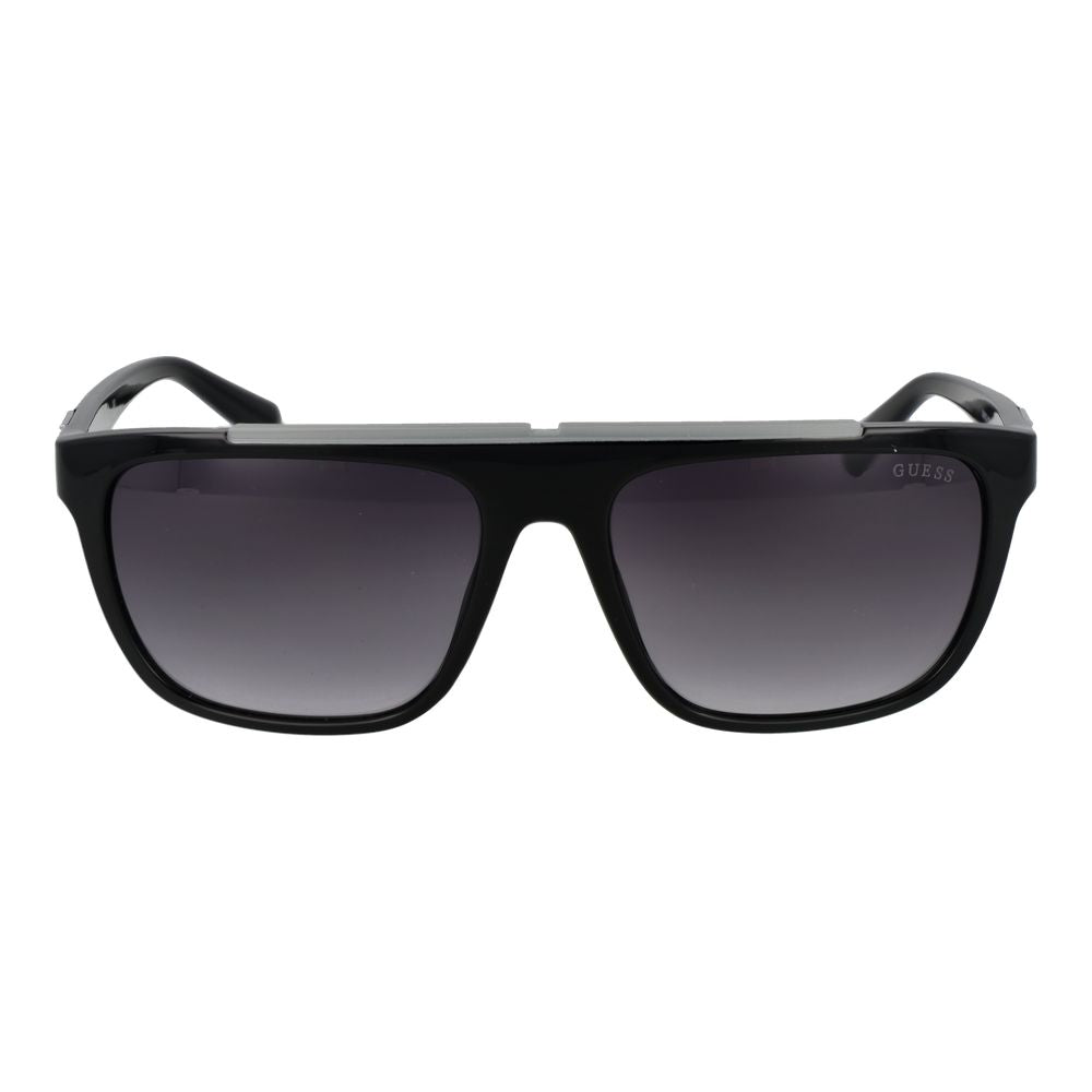Guess Black Men Sunglass with black stainless steel full-rim frame, gradient grey lenses, 100% UVA & UVB protection, includes branded case.