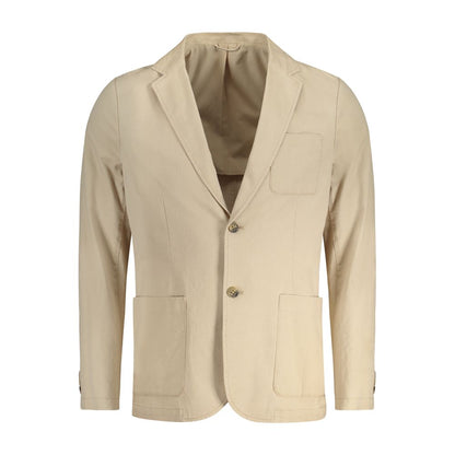 Guess Jeans Beige Cotton Men Jacket with pockets, long sleeves, and tailored fit