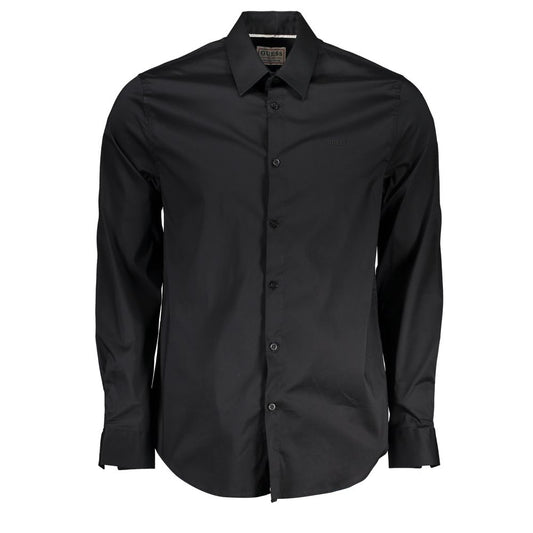 Guess Jeans Black Cotton Shirt, long-sleeved slim fit with Italian collar and logo embroidery, made from organic cotton.