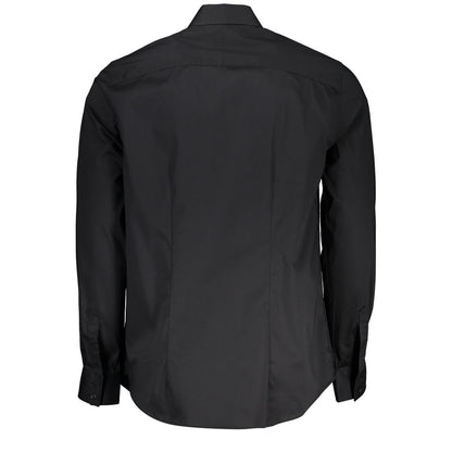 Back view of Guess Jeans Black Cotton Shirt with long sleeves, slim fit, Italian collar, and logo embroidery.