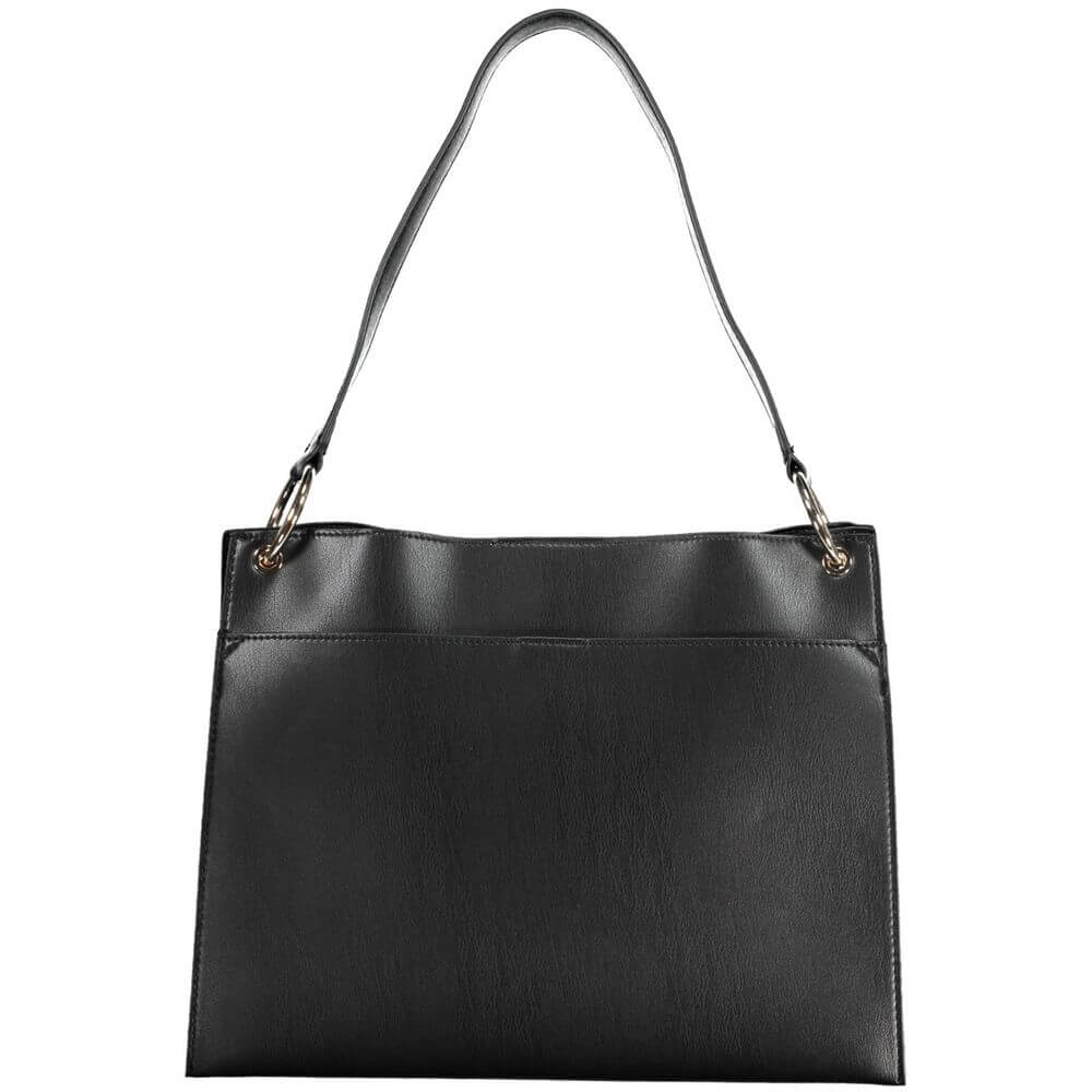 Guess Jeans Black Polyethylene Handbag with shoulder handle, external pockets, snap closure, and logo detailing.