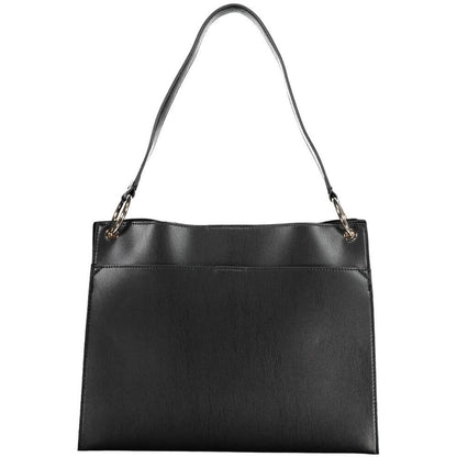 Guess Jeans Black Polyethylene Handbag with shoulder handle, external pockets, snap closure, and logo detailing.