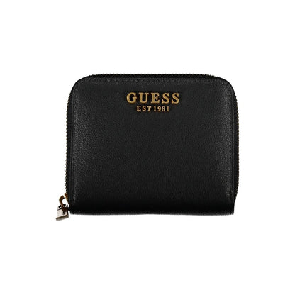 Guess Jeans Black Polyethylene Wallet with zip closure, card spaces, and coin purse featuring a prominent logo.