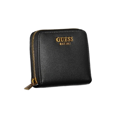 Guess Jeans Black Polyethylene Wallet with zipper, logo, card space, coin purse, and single compartment for organized storage.