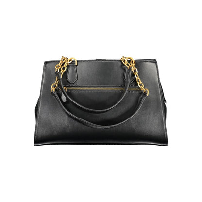 Guess Jeans Black Polyethylene Women Handbag with gold chain straps and zipper pocket.