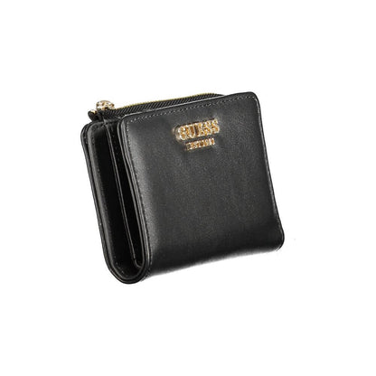 Guess Jeans Black Polyethylene Women Wallet with zip closure, featuring gold logo on front.