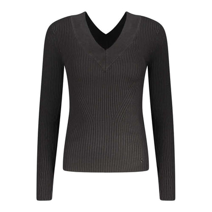 Guess Jeans Black Viscose Sweater with V-neck and contrasting details
