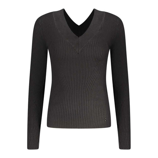Guess Jeans Black Viscose Sweater with V-neck and contrasting details