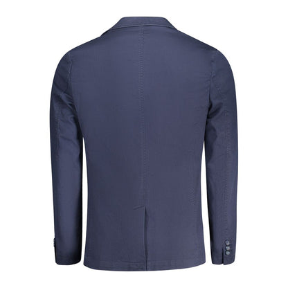 Back view of Guess Jeans Blue Cotton Men Jacket showcasing sleek design and button detailing.