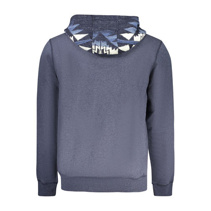 Guess Jeans Blue Cotton Men Sweater with hooded design, back view of sweatshirt showing contrasting pattern on hood.