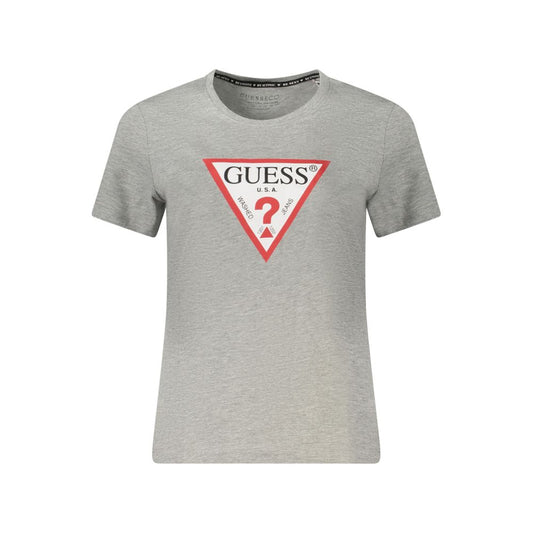 Gray Guess Jeans organic cotton women top with logo, short sleeves, and crew neck.