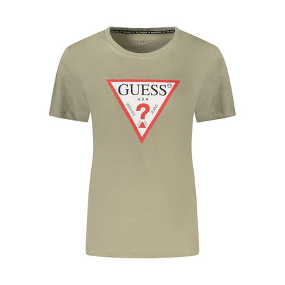 Guess Jeans Green Cotton Women T-Shirt with logo and crew neck design, crafted from organic cotton for sustainable fashion.