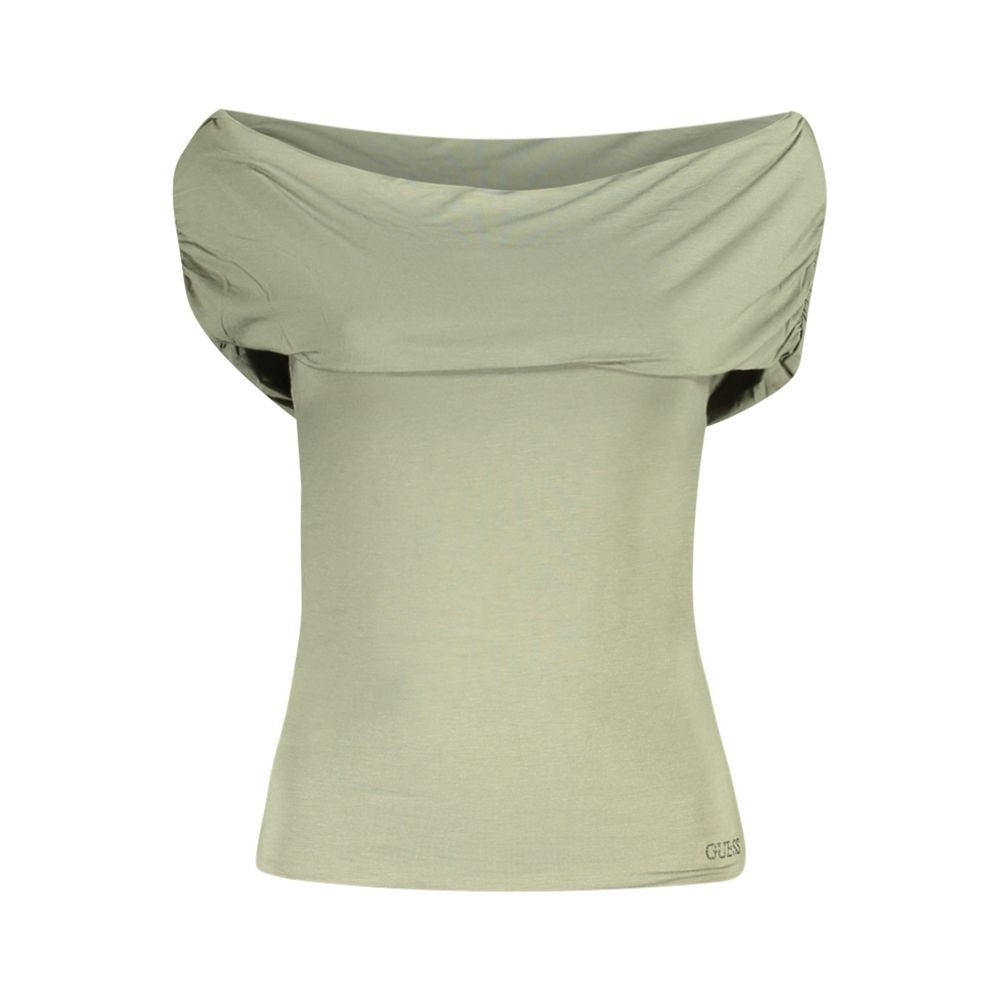 Guess Jeans Green Modal Women T-Shirt with off-the-shoulder design and rhinestone logo accent, glamorous and comfortable fit