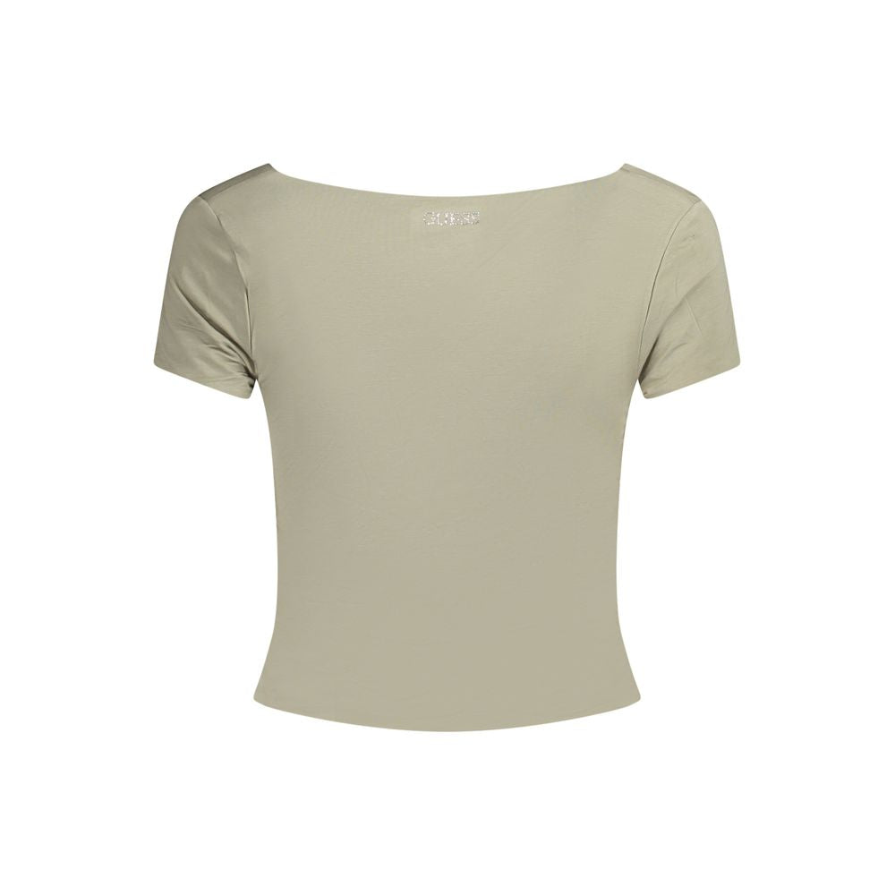 Alt Tag: Guess Jeans Green Modal Women Top with short sleeves and sweet neckline, featuring the iconic logo, perfect blend of comfort and style.