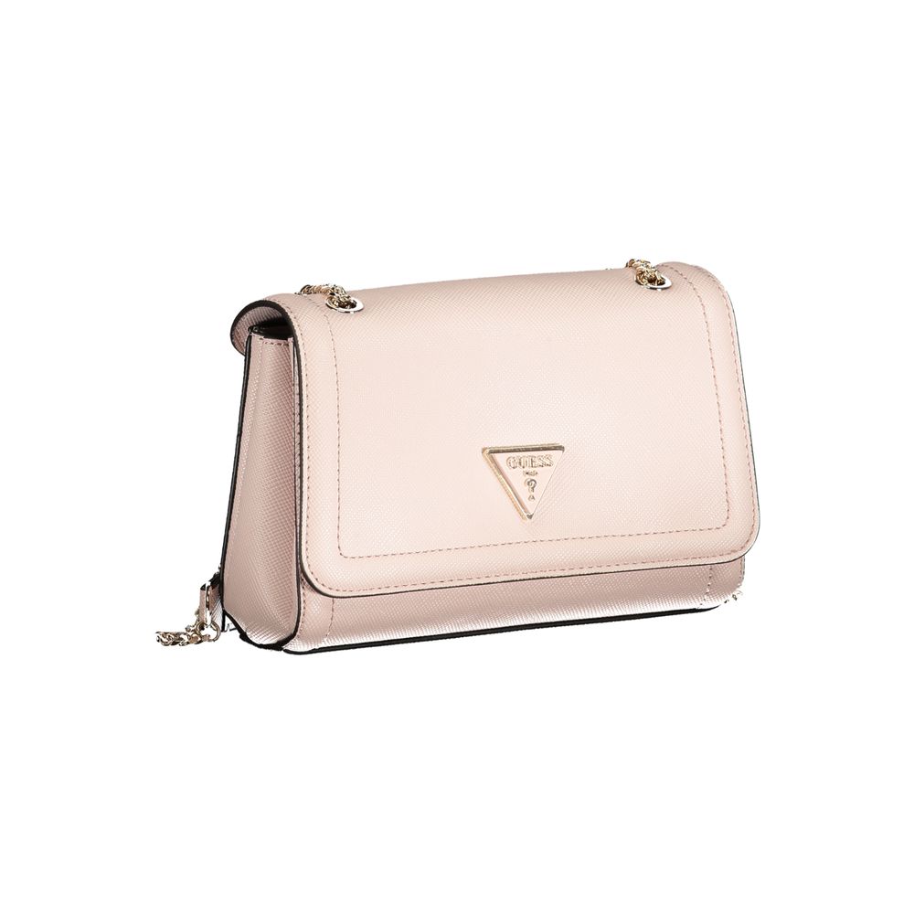 Guess Jeans Pink Polyethylene Handbag with chain shoulder handles and snap closure, featuring logo, external and internal pockets.