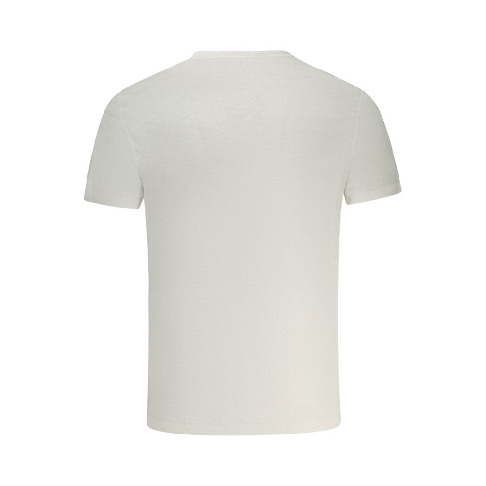 Back view of Guess Jeans White Cotton T-Shirt with short sleeves, slim fit, crew neck, and logo embroidery.
