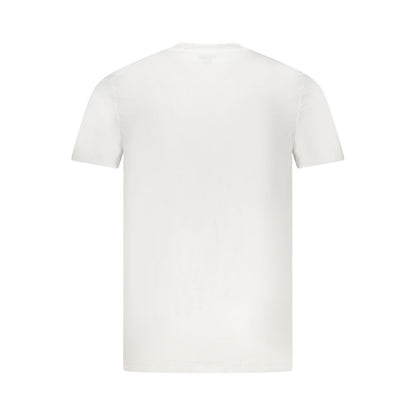 Back view of Guess Jeans White Elastane T-Shirt with short sleeves and crew neck, featuring logo detailing.