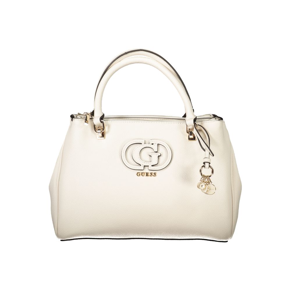 Guess Jeans White Polyethylene Women Handbag with iconic logo, twin handles, and detachable strap for versatile fashion statement.