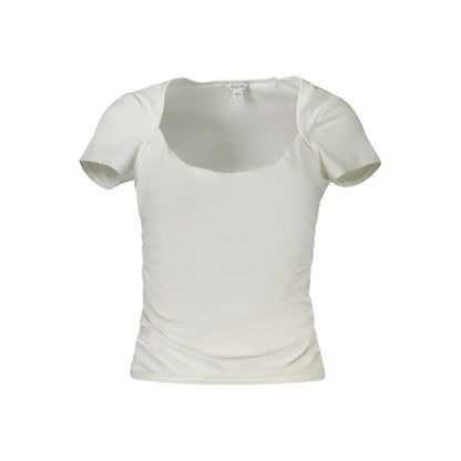 Guess Jeans White Spandex Women T-Shirt with wide neckline and short sleeves showcasing elegant style and comfort.