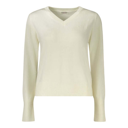 Guess Jeans White Wool Sweater, long sleeve V-neck with embroidery and logo