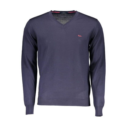 Harmont & Blaine Blue Wool Men Sweater with V-neck and long sleeves, showcasing the brand's iconic logo, crafted in Italy.