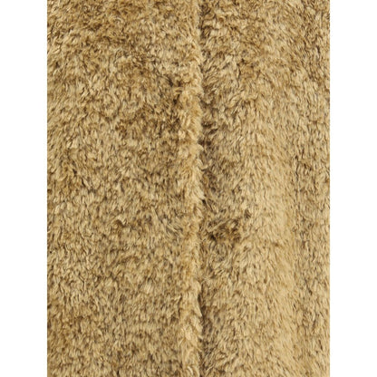Close-up texture of Herno Beige Polyester Coat showcasing eco-friendly fur material and elegant design details.