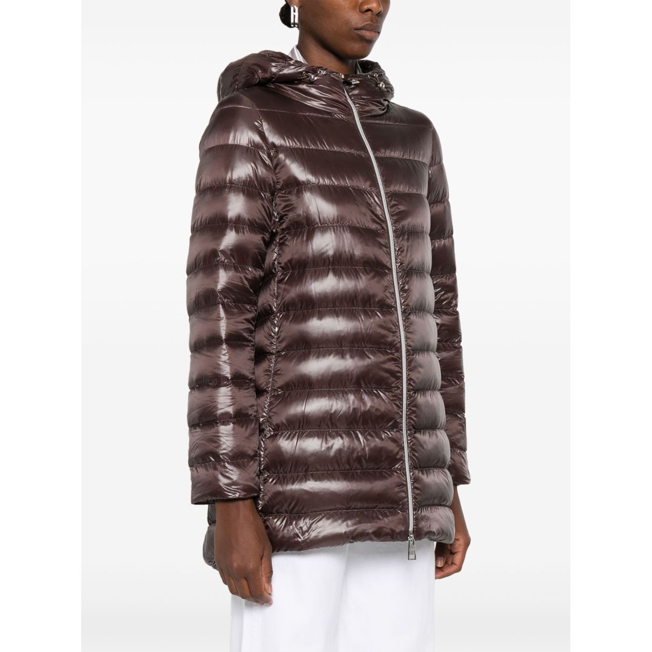 Herno Coats Brown chocolate front-zip high-shine A-shape midi down jacket with drawstring hood and side zip pockets.