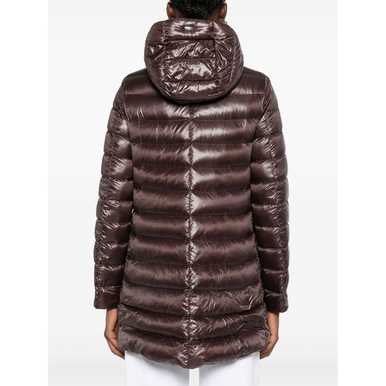 Herno Coats Brown, chocolate brown A-shape midi down jacket with high-shine finish and drawstring hood, viewed from the back