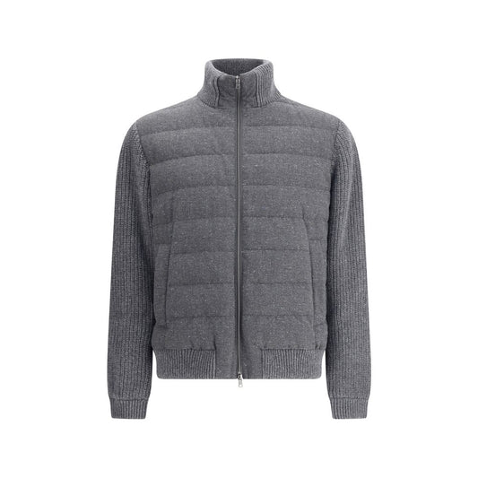 Herno Gray Wool Bomber with mélange pattern, high collar, double zipper, ribbed sleeves and hem for stylish, warm wear.