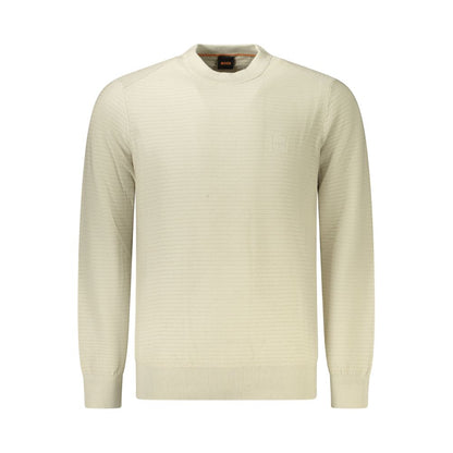 Hugo Boss Beige Cotton Men Sweater featuring a long-sleeved design with subtle logo on the crew neck, made from cotton and cashmere blend.