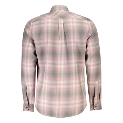 Back view of Hugo Boss Pink Cotton Men Shirt, showcasing plaid pattern and long sleeves for stylish elegance.