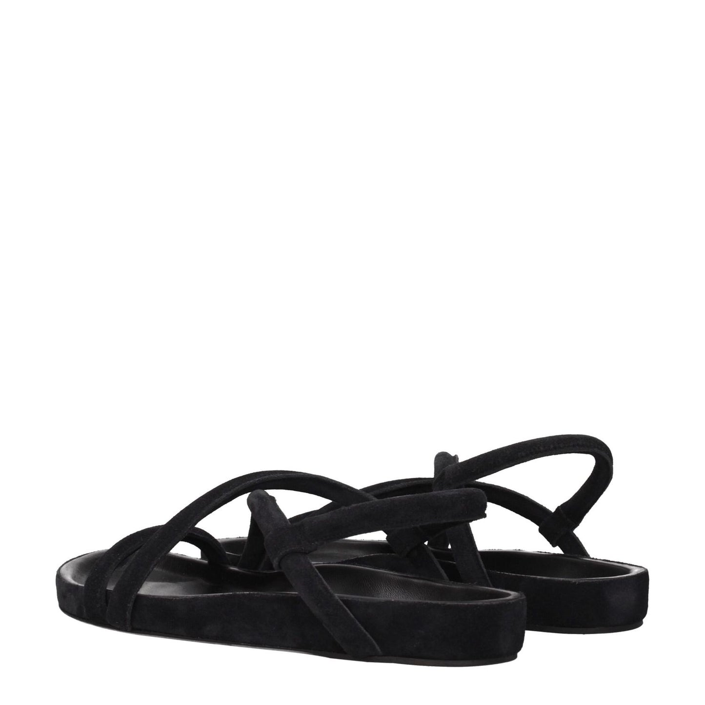 Isabel Marant Black Leather Flat Sandals with suede straps and open toe design, showcasing casual style and aged effect.