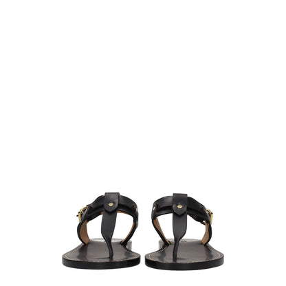 Isabel Marant Black Leather Flip-Flop Sandals with stud details, open toe, buckle closure, low flat heel, viewed from the back.