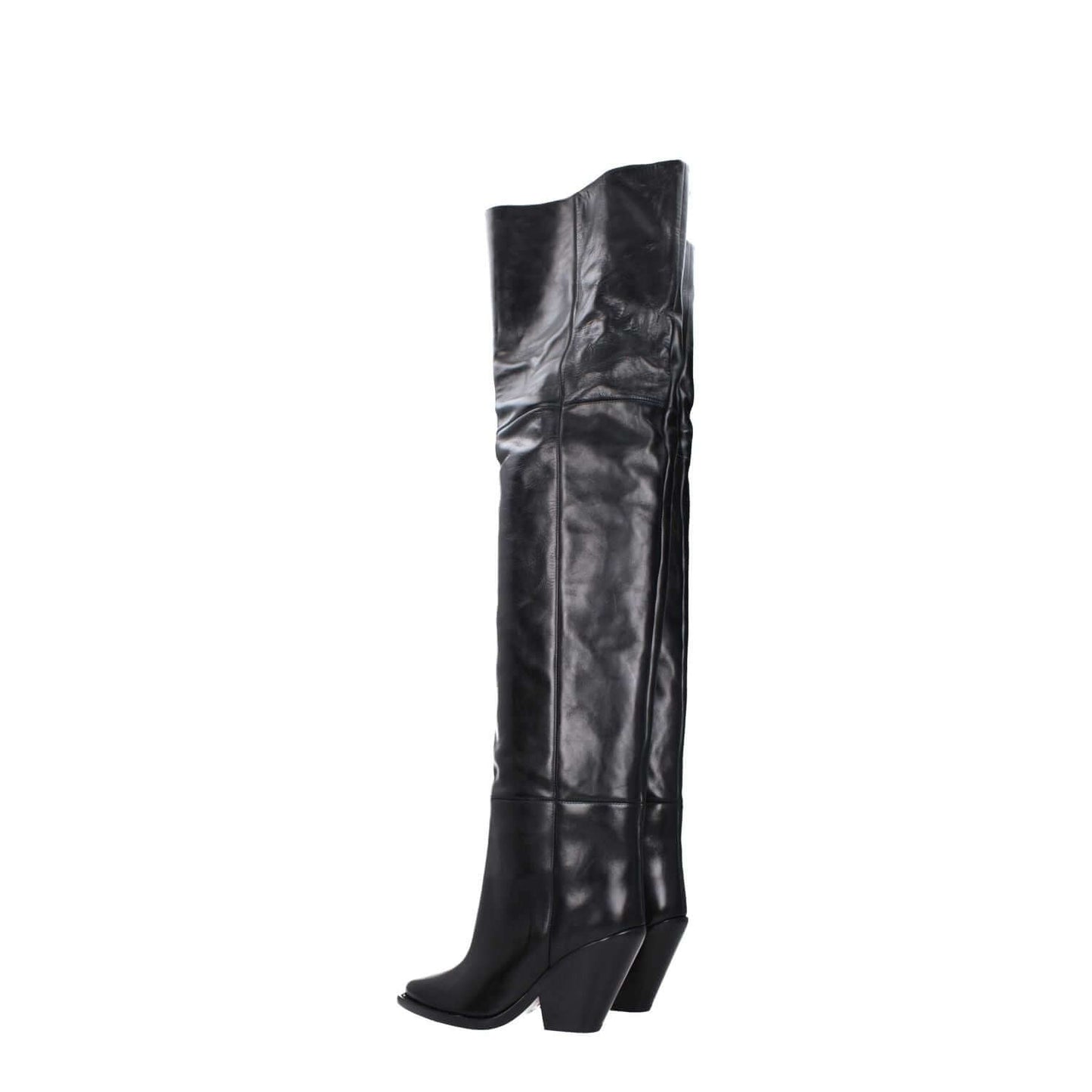 Isabel Marant Black Leather Over The Knee boots, square toe, high heel, 9.5 cm, casual style, MPN CD0007FAA4A23S01BK.