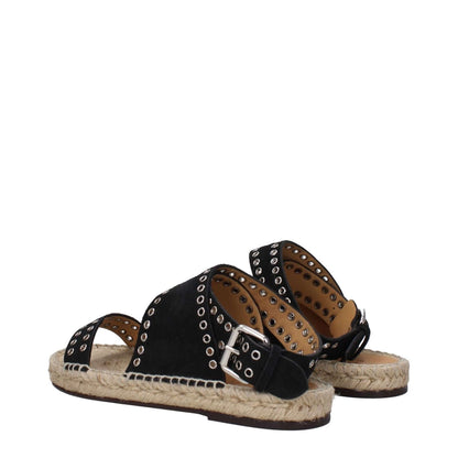 Isabel Marant Black Leather Sandals with studs, silver buckle closure, open toe, low flat heel, and leather sole.