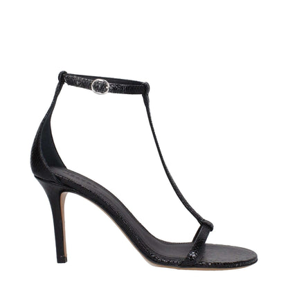Isabel Marant Black Leather Stiletto Heel Sandals with buckle closure, open toe, and 8.5 cm heel height.