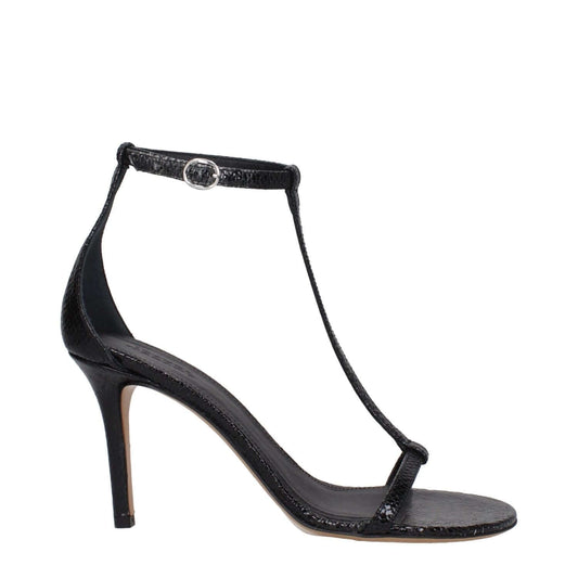 Isabel Marant Black Leather Stiletto Heel Sandals with buckle closure and leather sole, open toe, python print, 8.5 cm high heel.