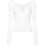 JACQUEMUS Top White off-white ribbed knit with cut-out detailing, scallop edge, V-neck, and gold-tone logo. True to size fit.