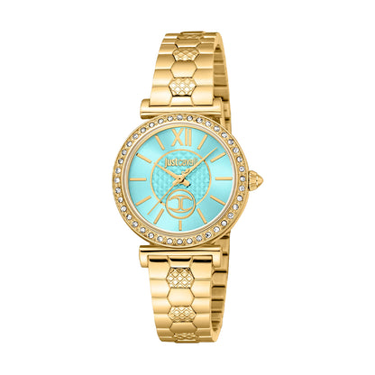 JUST CAVALLI TIME WATCHES Mod. JC1L273M0065 gold wristwatch with turquoise dial for ladies, 5 ATM water resistant, Seiko VJ20 movement.