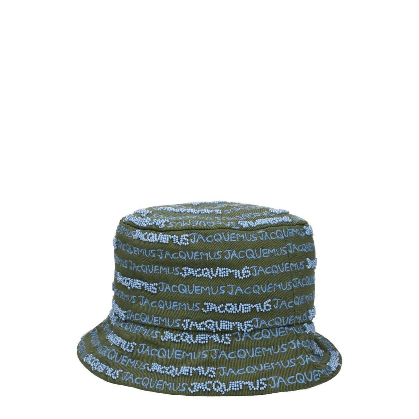Jacquemus Green Cotton Bucket Hat with logo and beaded embellishments.
