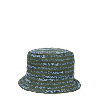 Jacquemus Green Cotton Bucket Hat with logo and beaded embellishments.
