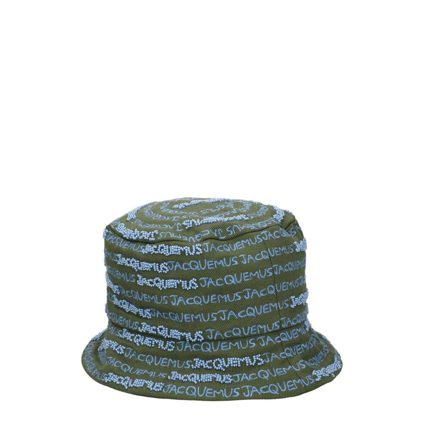 Jacquemus Green Cotton Bucket Hat with logo print and beaded embellishments in khaki and green.