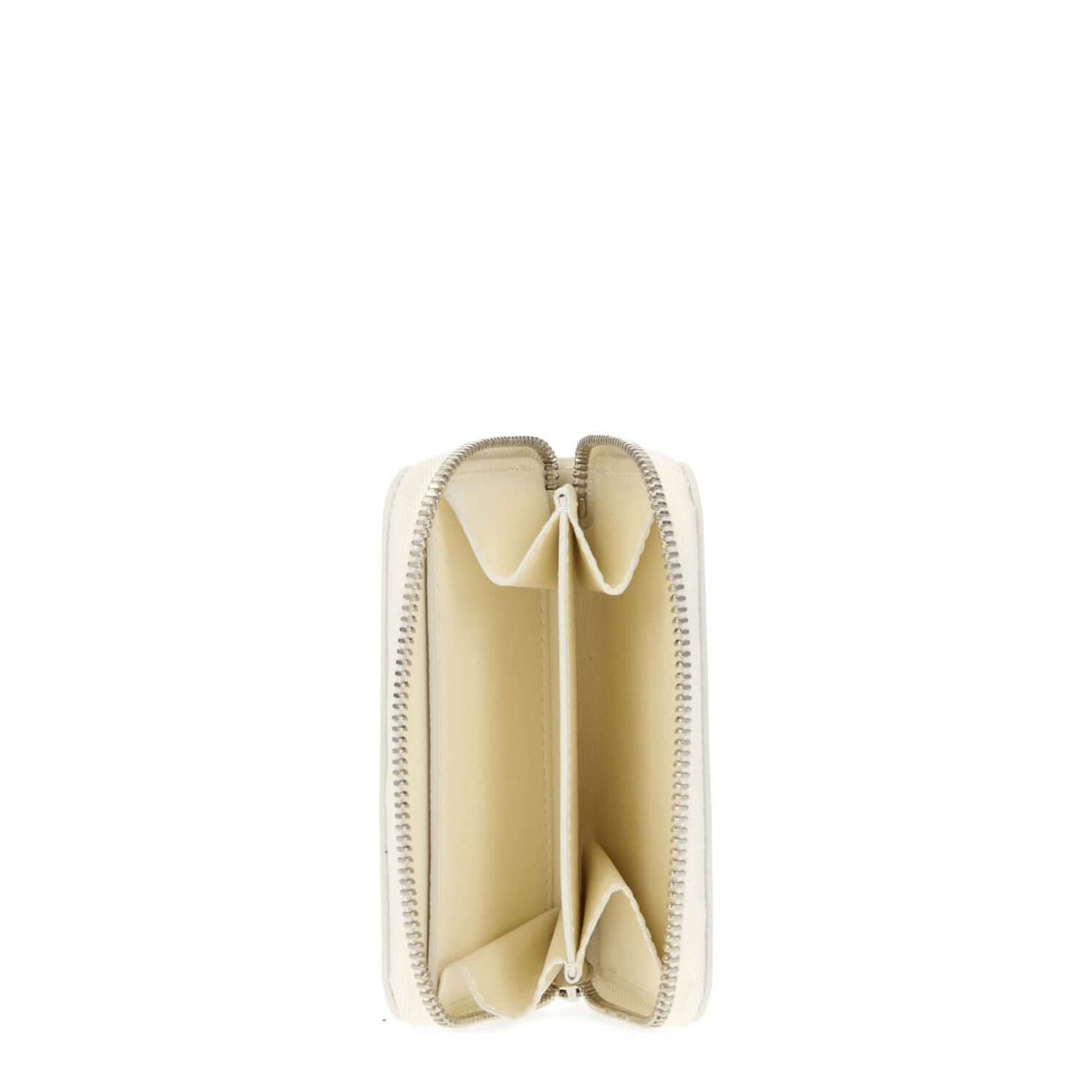 Jil Sander Beige Leather Wallet with zip closure and internal compartments, stylish coin purse with front logo, casual style.