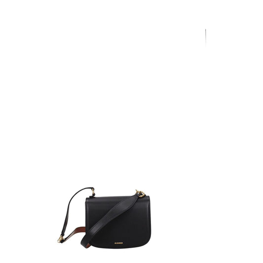 Jil Sander Black Leather Handbag with removable handle and gold details, featuring front logo and button closure, small casual style.