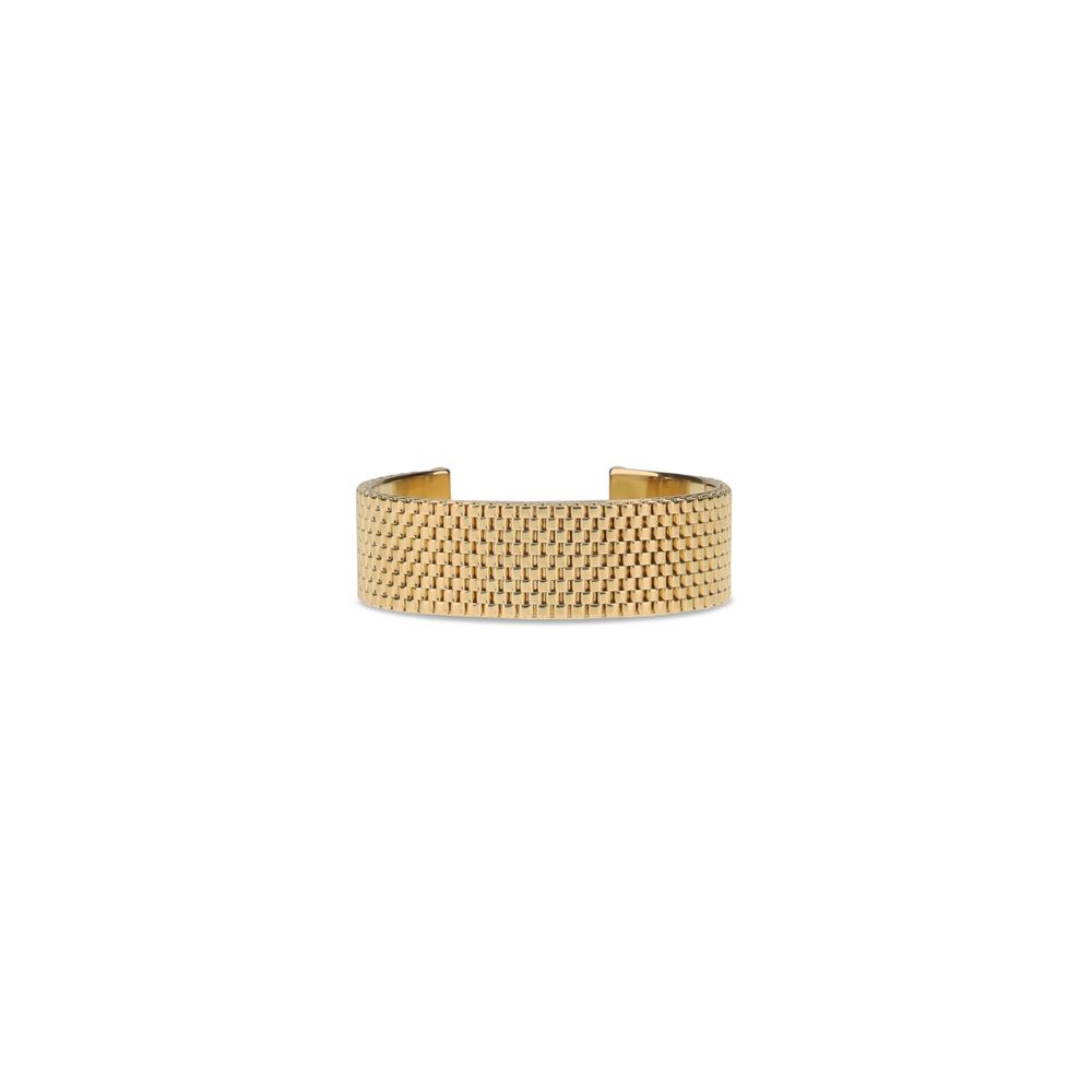 Jil Sander Gold Brass Bracelet with rigid mesh texture and engraved logo, crafted from 100% brass for minimalist elegance.