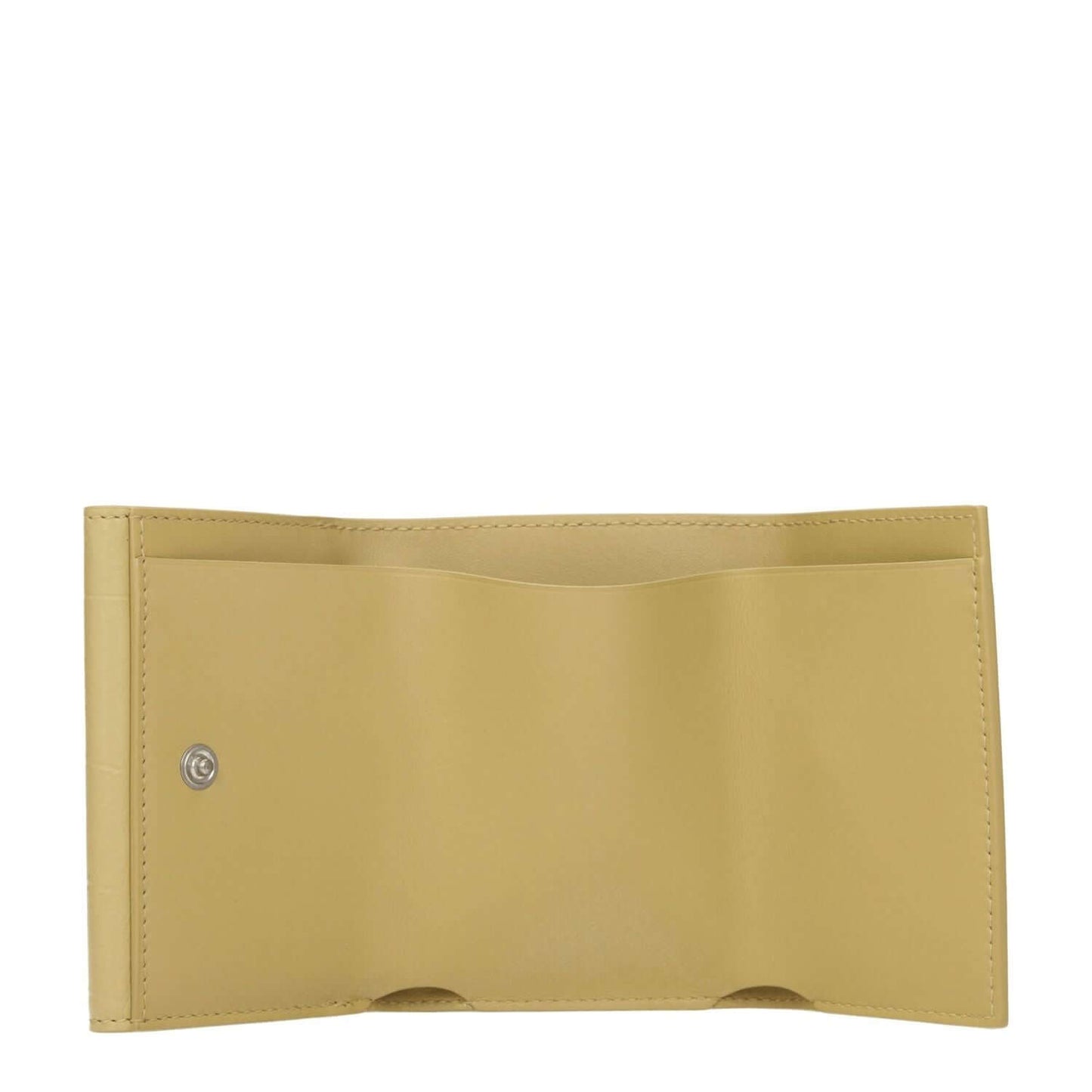 Jil Sander Yellow Leather Wallet open with button closure, showcasing compartments and card holders, designed with casual crocodile print style.