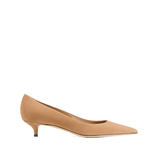 Jimmy Choo Amelia suede pumps in toffee color with pointed toe and kitten heel, featuring a low-cut vamp and leather sole.