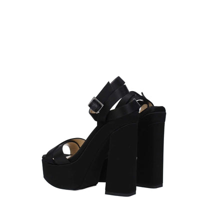 Jimmy Choo Black Satin Platform Sandals with high heel, buckle closure, open toe, and leather sole.