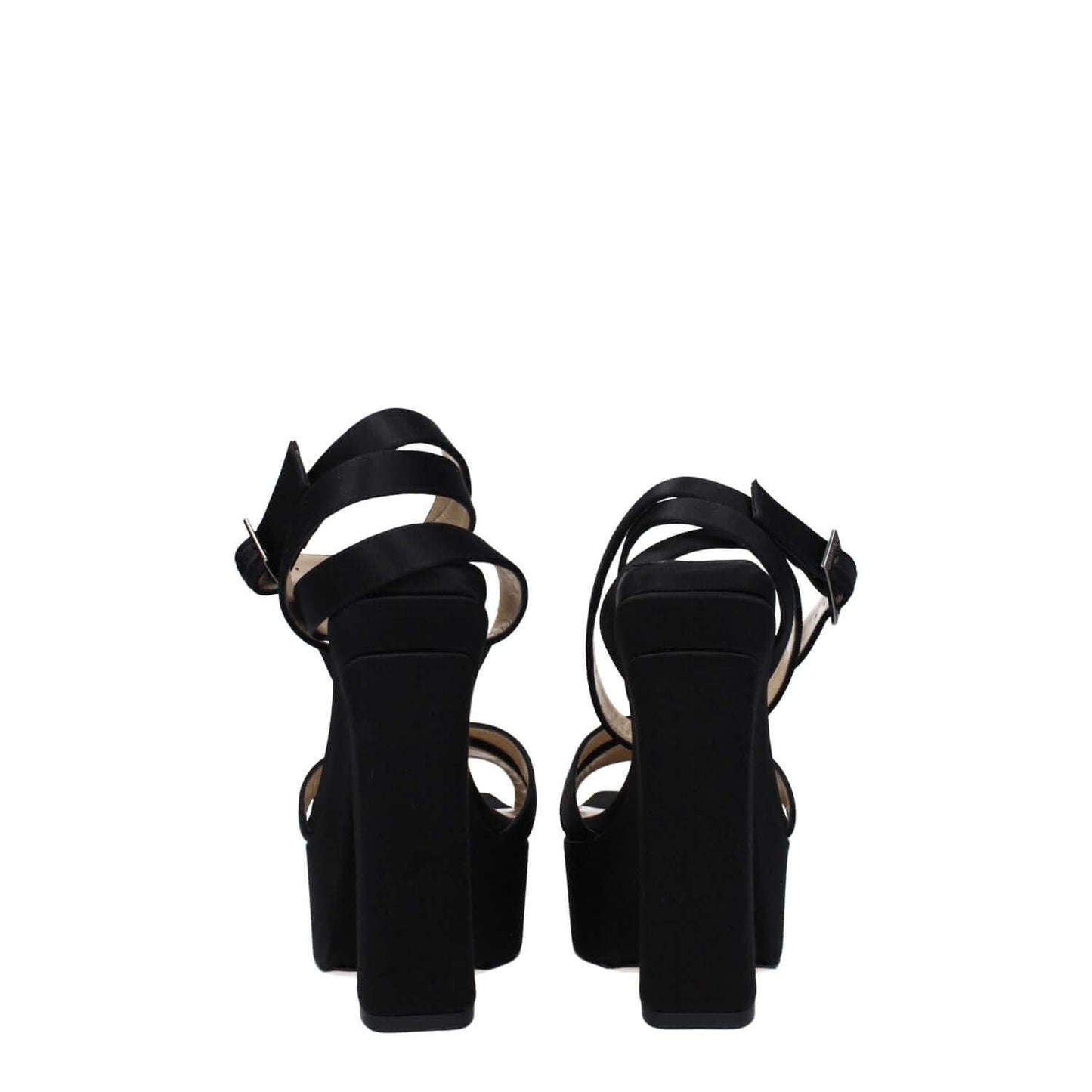 Back view of Jimmy Choo Black Satin Platform Sandals with buckle closure and high heels.